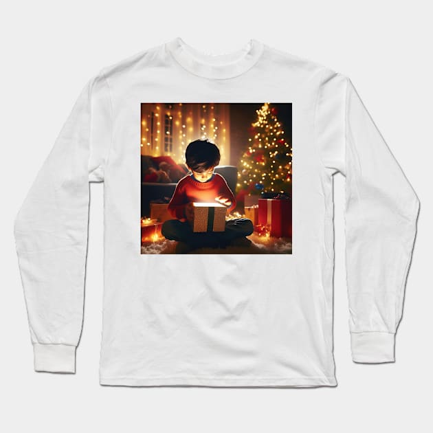 Young child opening a wondrous glowing gift on Christmas morning generative ai Long Sleeve T-Shirt by clearviewstock